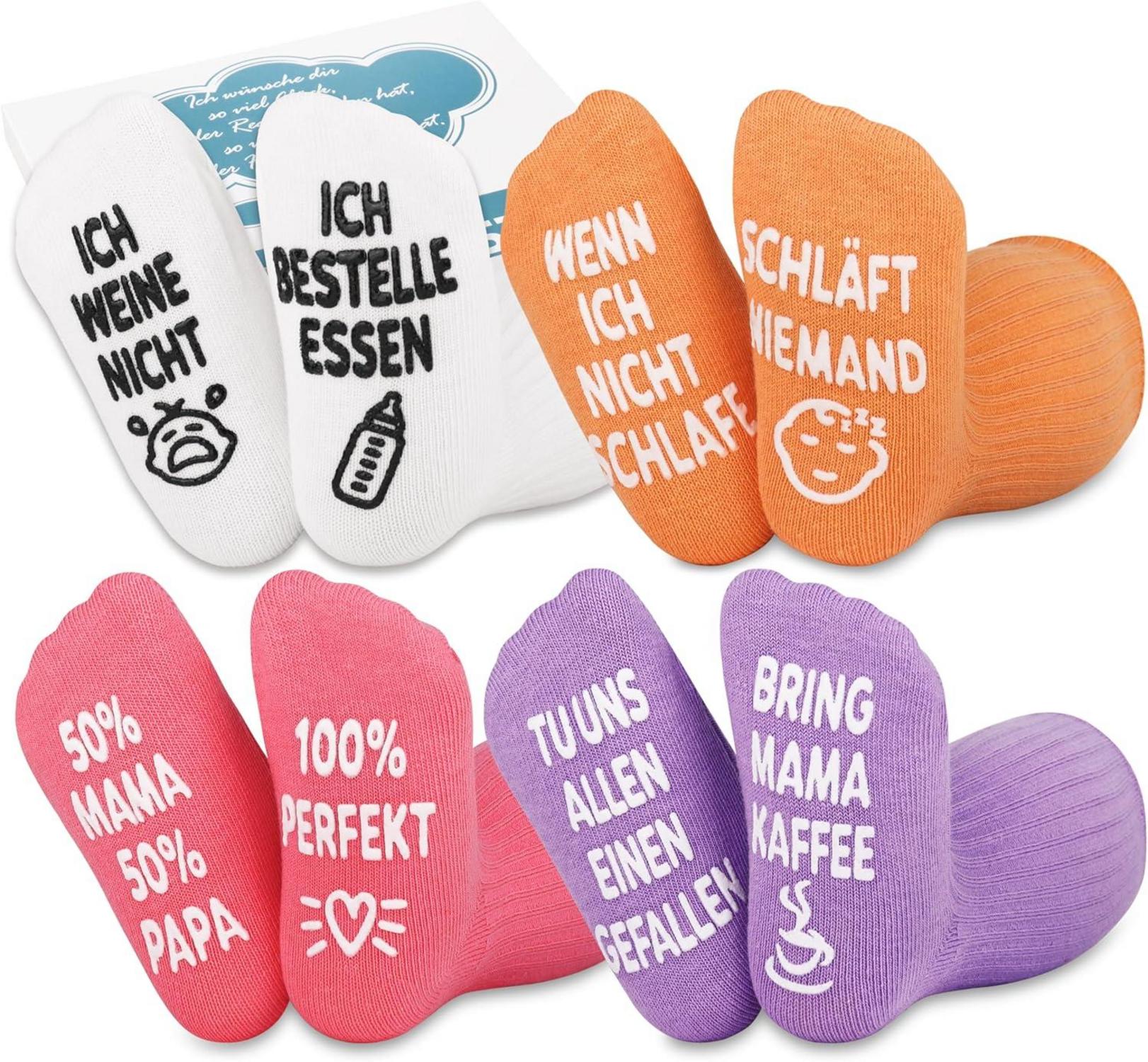 Lustige Baby Socken mit Text 4er Pack Rutschfeste 0-12 Monate