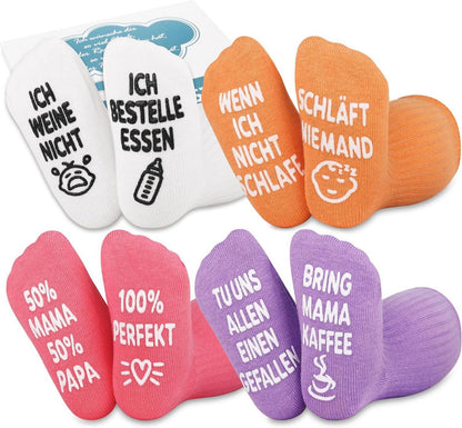 Lustige Baby Socken mit Text 4er Pack Rutschfeste 0-12 Monate