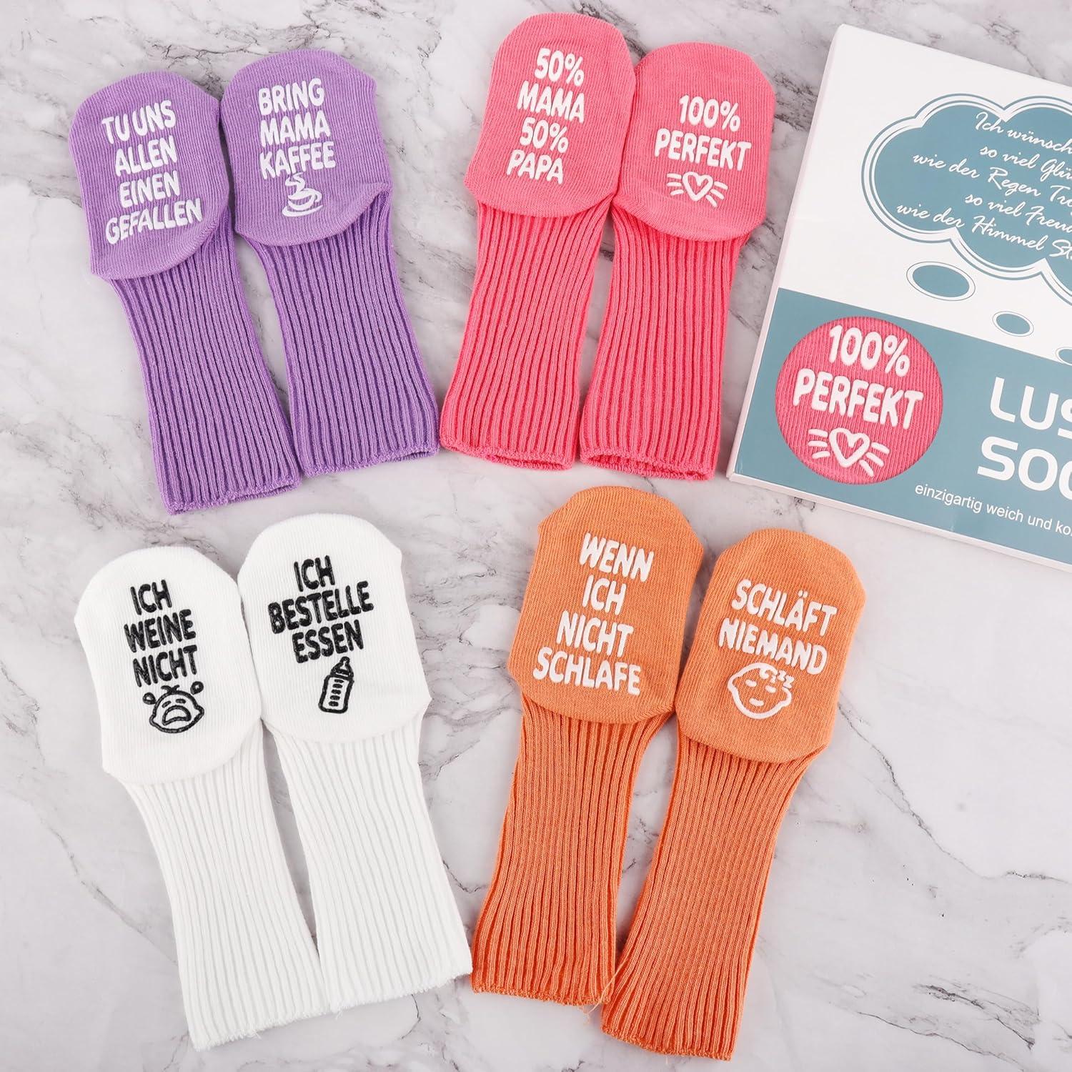 Lustige Baby Socken mit Text 4er Pack Rutschfeste 0-12 Monate