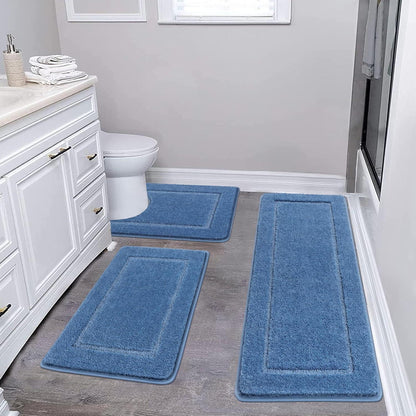 3-teiliges Mikrofaser Badezimmerteppich Set Blau Flauschig Rutschfest