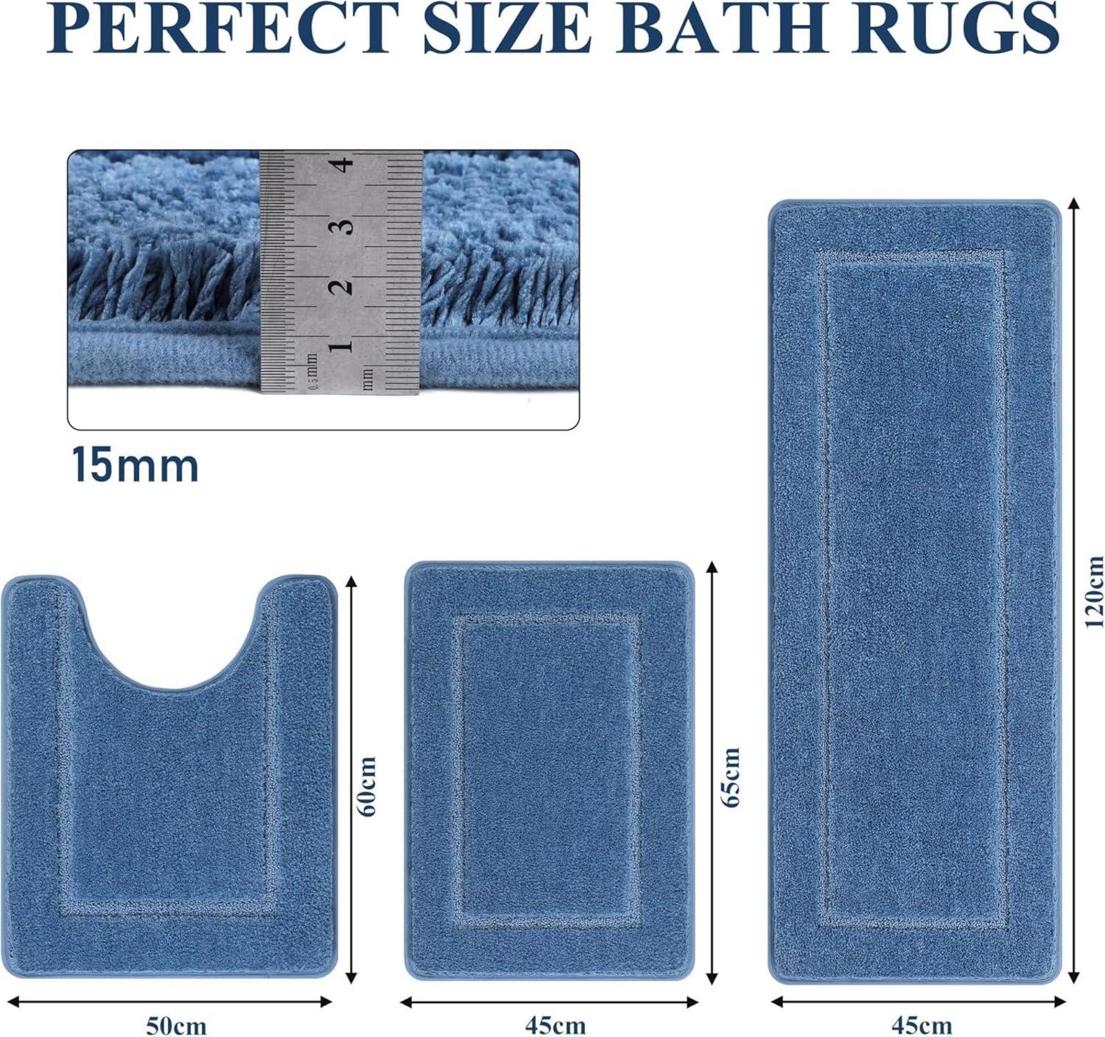 3-teiliges Badteppich Set Blau - Mikrofaser Flauschig