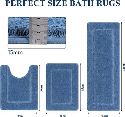 3-teiliges Badteppich Set Blau - Mikrofaser Flauschig