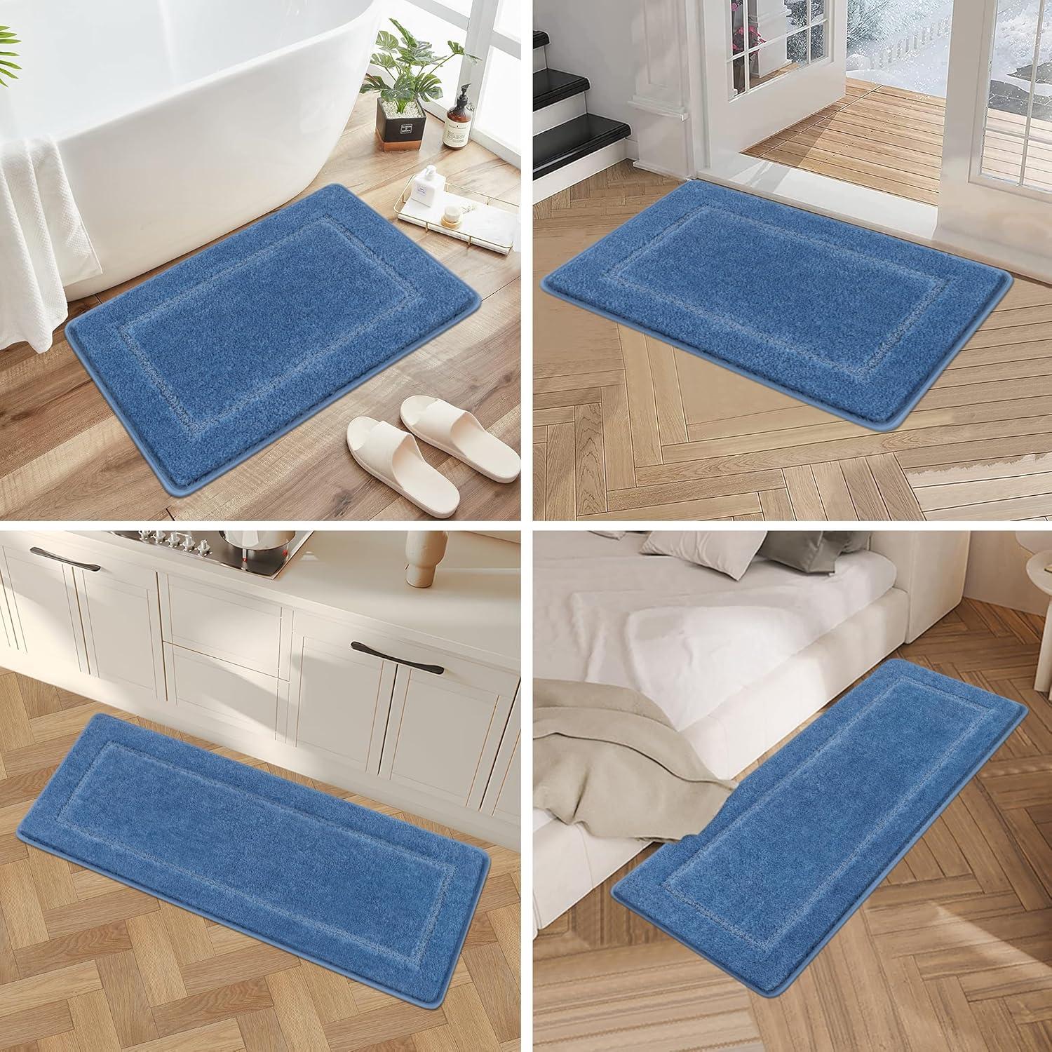 3-teiliges Badematten-Set Blau Mikrofaser Flauschig Waschbar