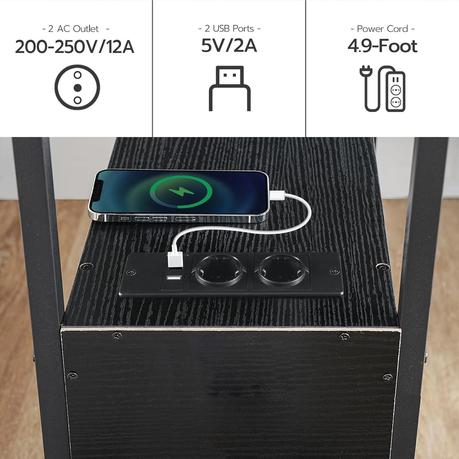 HOOBRO Beistelltisch mit Ladestation und 2 Schubladen, USB-Anschluss, Schwarz