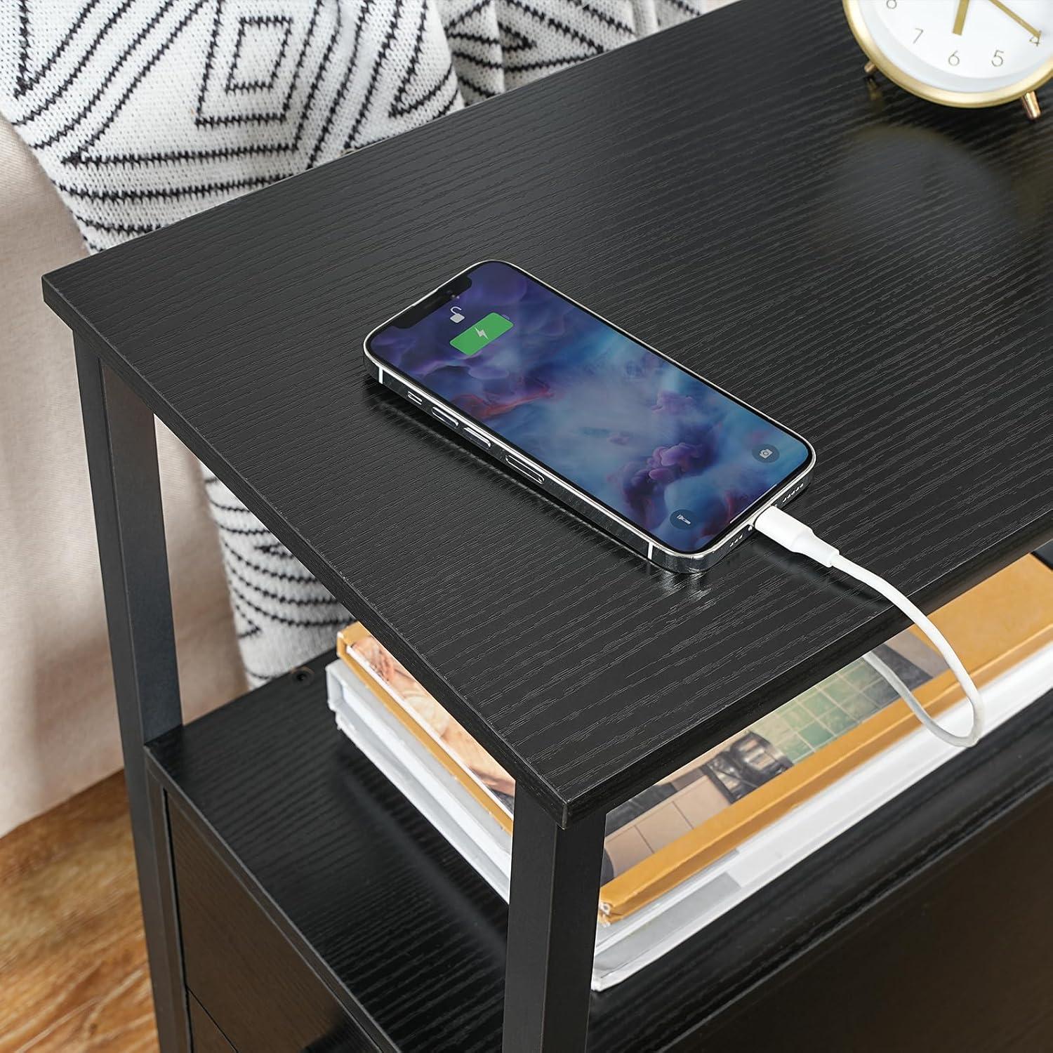 HOOBRO Beistelltisch mit Ladestation und 2 Schubladen, USB-Anschluss, Schwarz