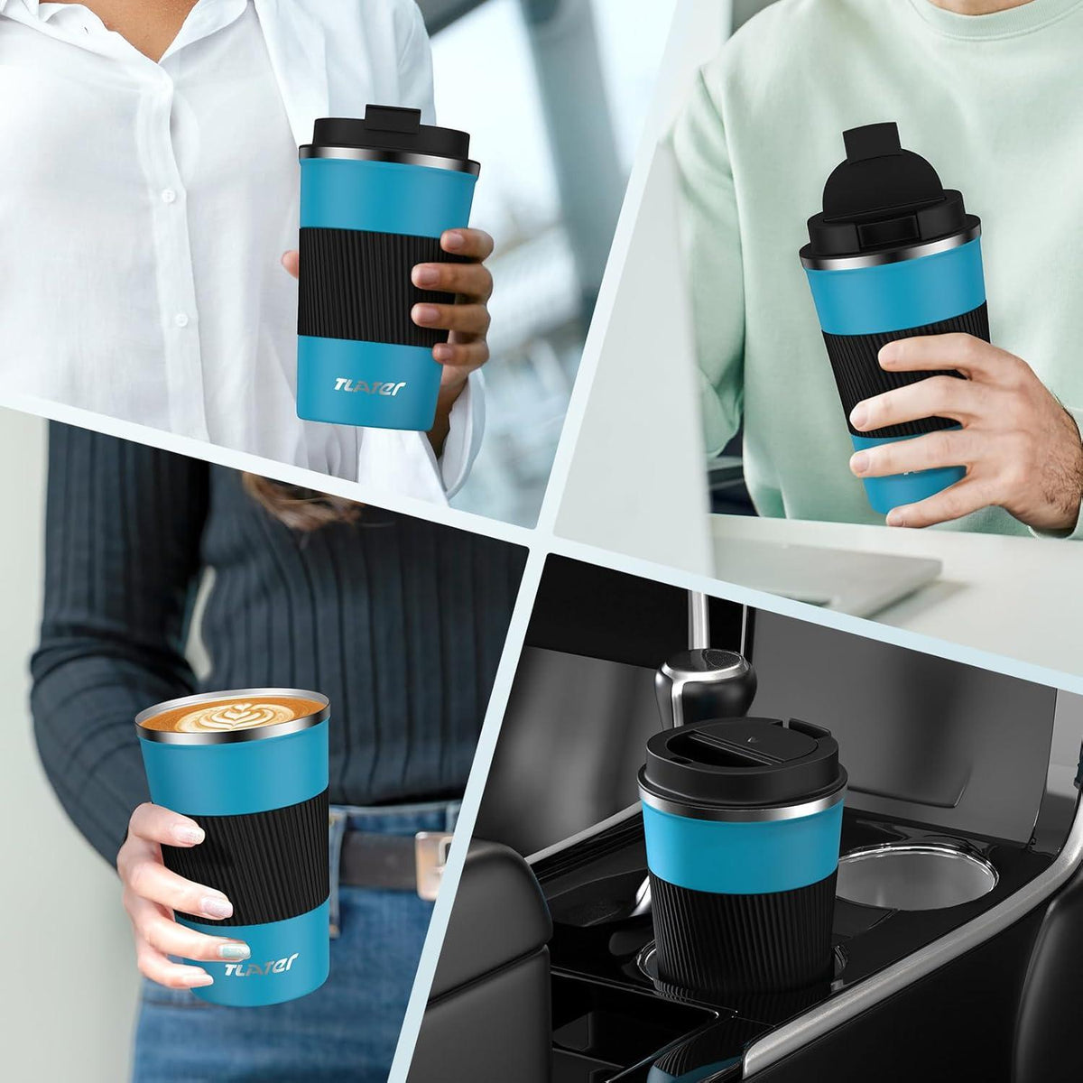 Tlater Double-Walled Stainless Steel Coffee Mug To Go 380 ml Blue Black