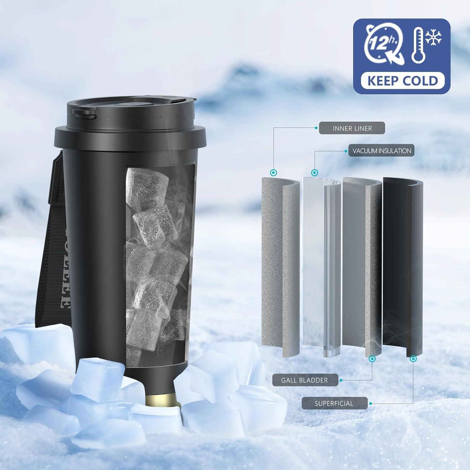 WATERSY Kaffeebecher to go Flip Straw 530ml Thermobecher Edelsthal Isoliert Schwarz