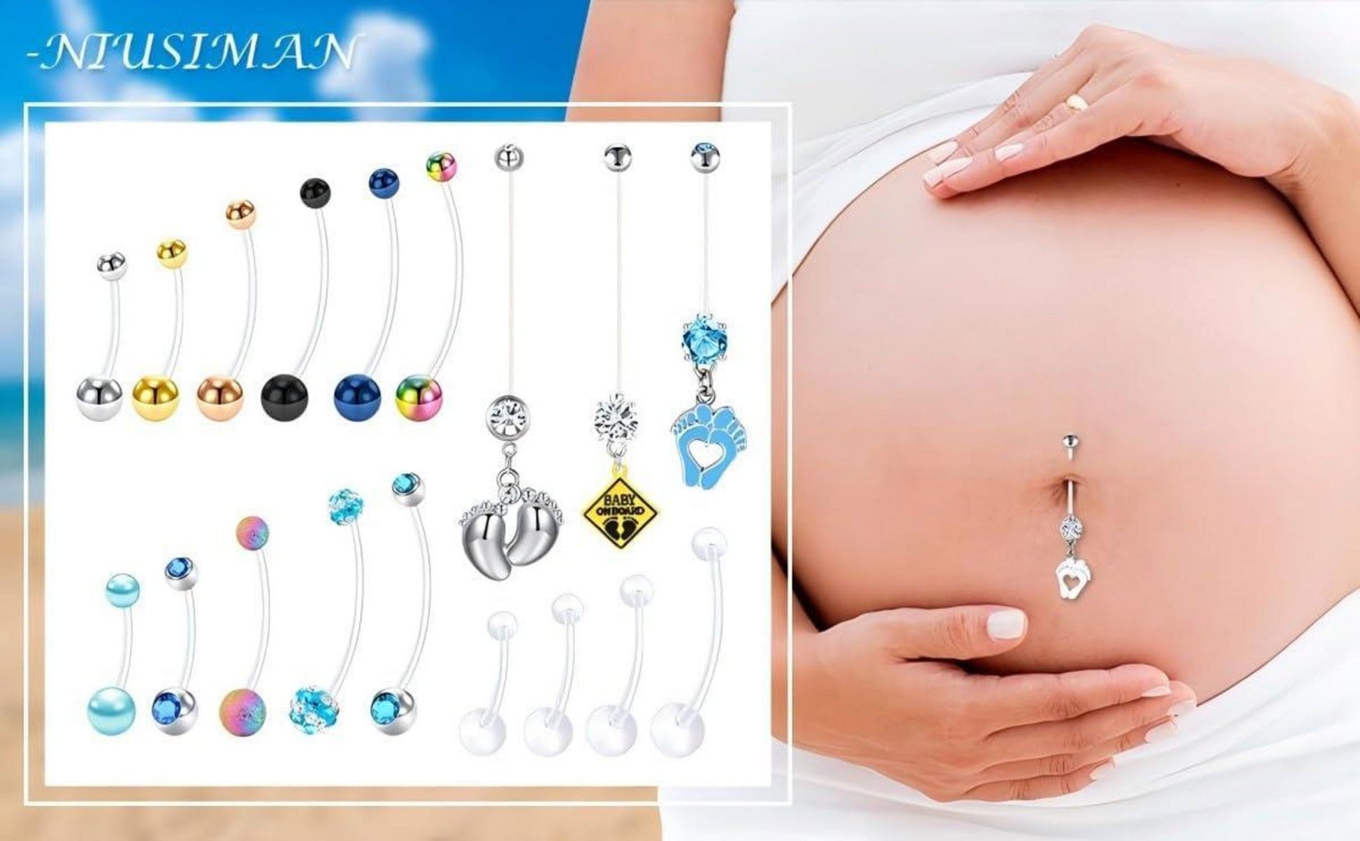 5er Set NIUSIMAN Schwangerschaft Bauchnabelringe UV Acryl 14g 35mm