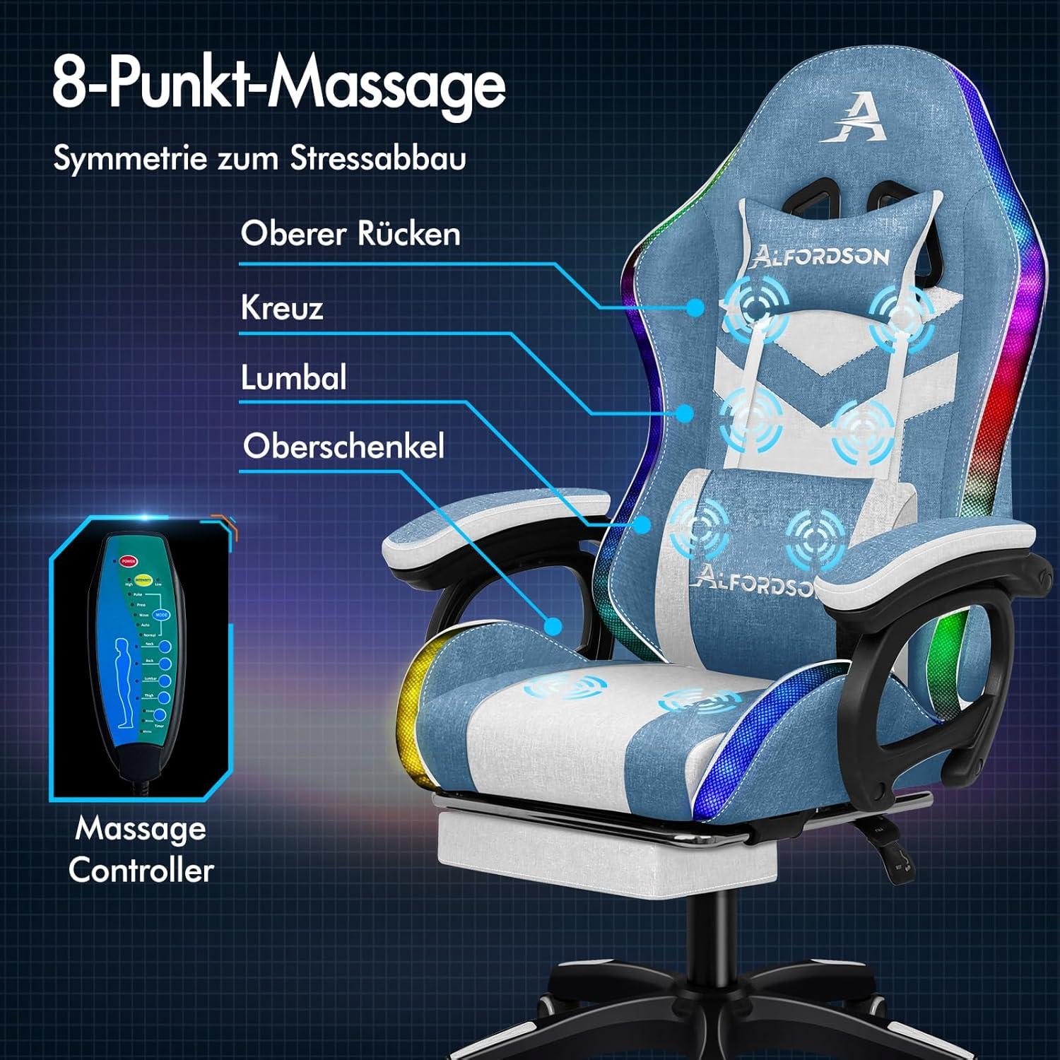 Gaming-Stuhl LED 8-Punkt-Massage RGB Beleuchtung Lordosenstütze