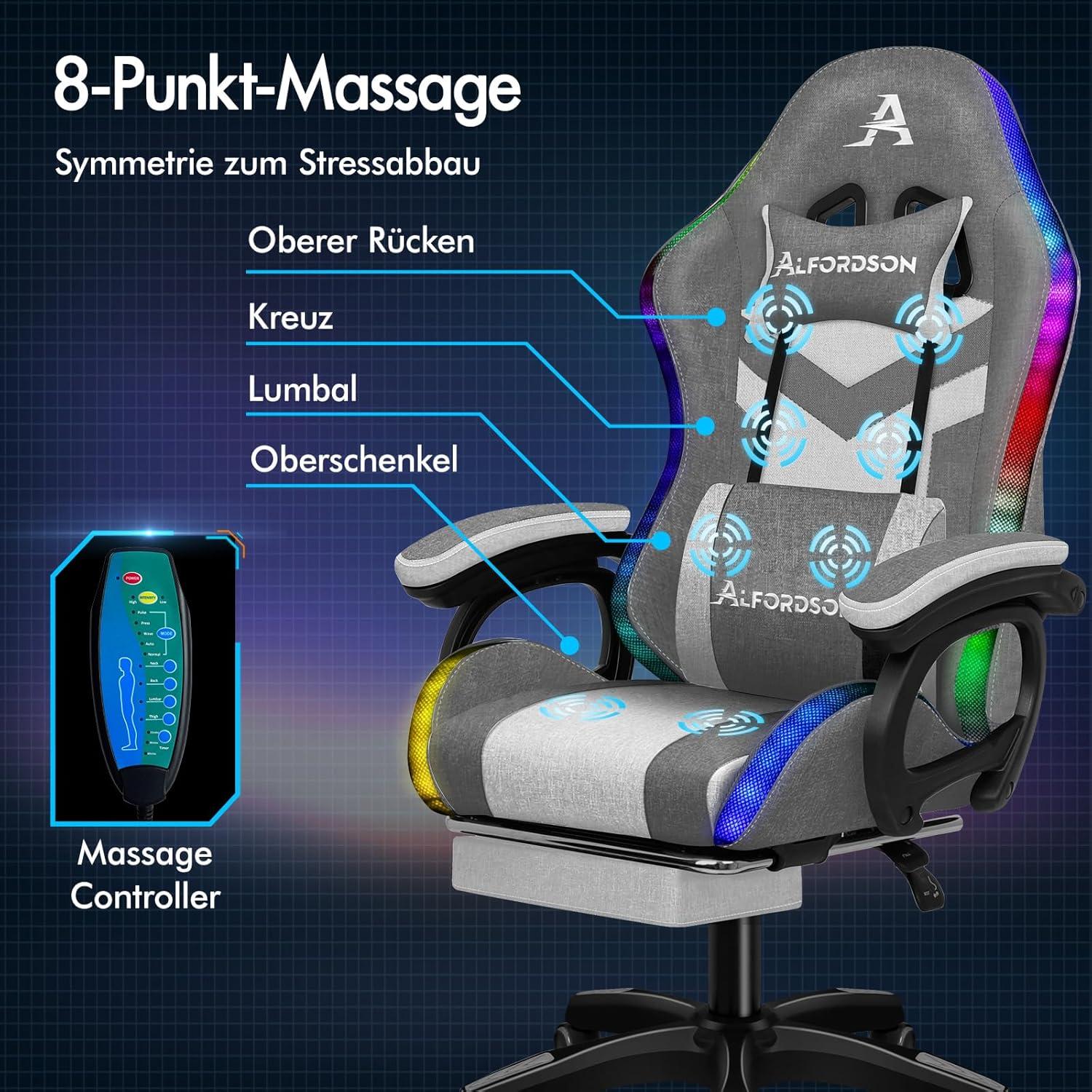 Gaming-Stuhl mit LED, 8-Punkt-Massage, RGB-Beleuchtung