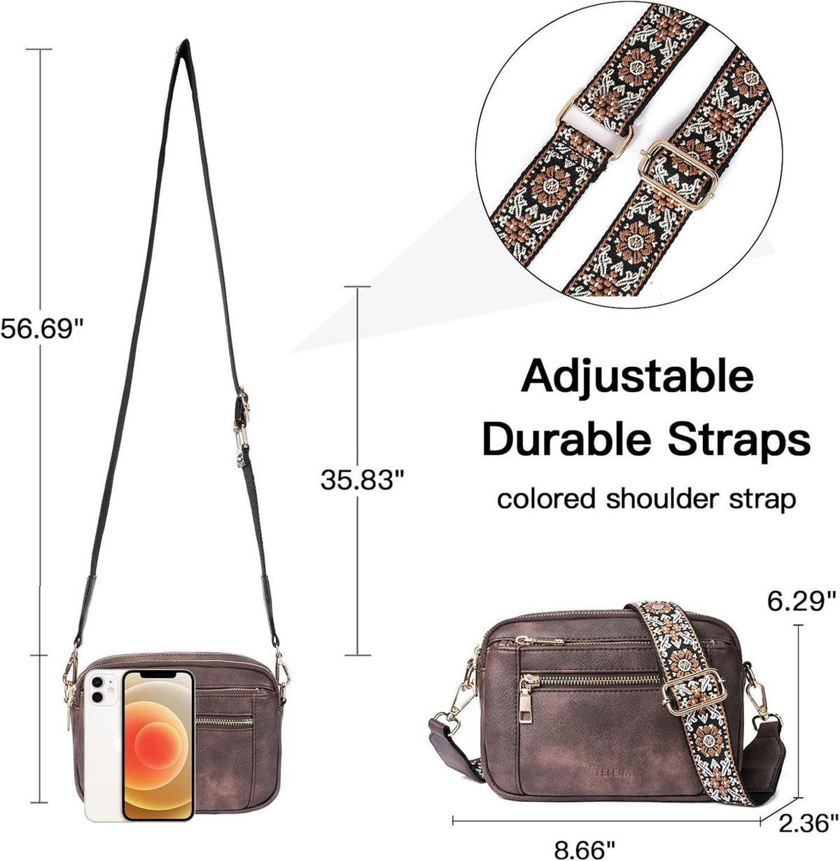 Telena Damen Crossbody Bag mit verstellbarem Riemen PU Leder Umhängetasche