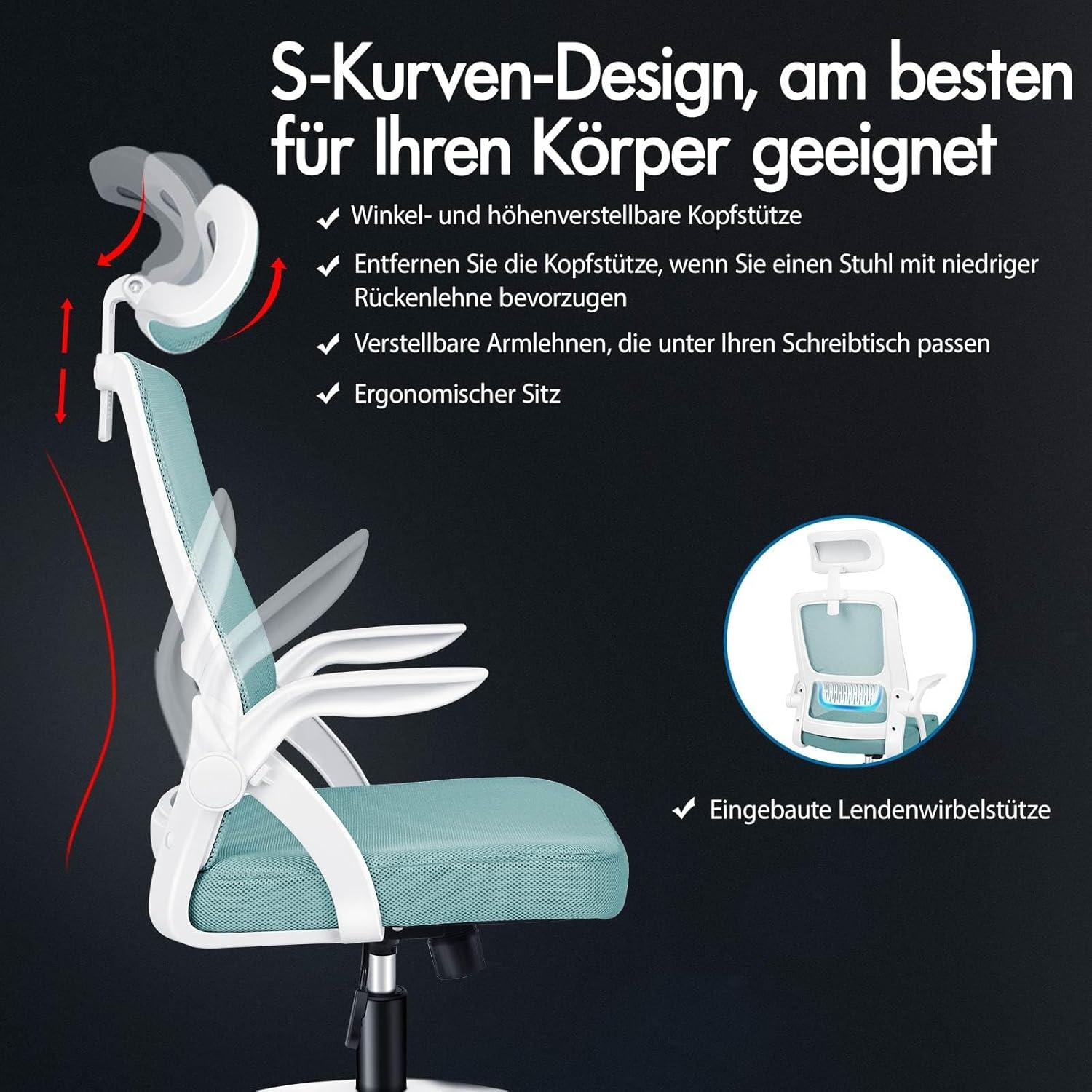 Ergonomischer Bürostuhl mit Kopfstütze und Lordosenstütze, Cyan