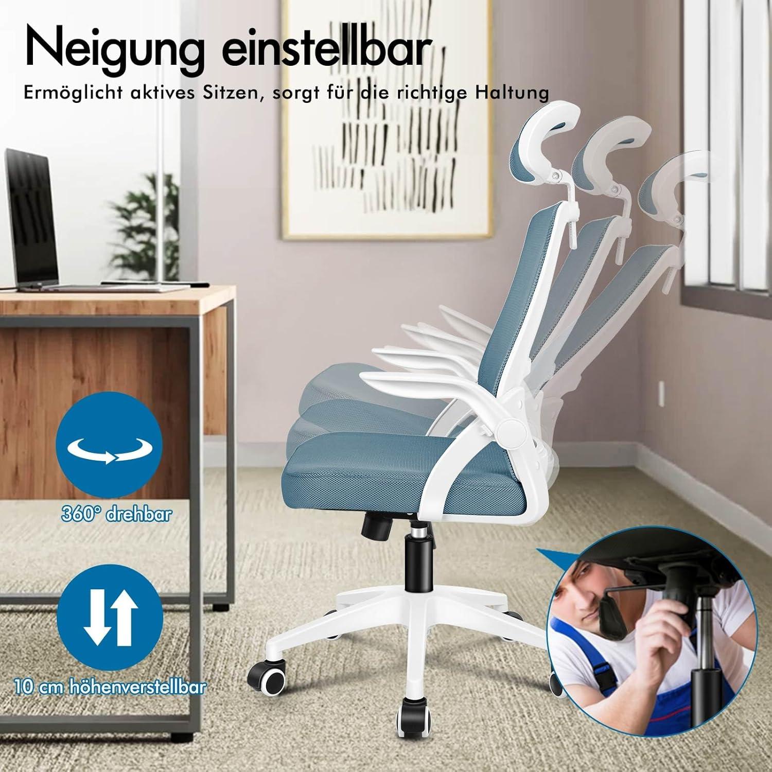 Bürostuhl mit Kopfstütze Lordosenstütze Blau ergonomisch bequemer