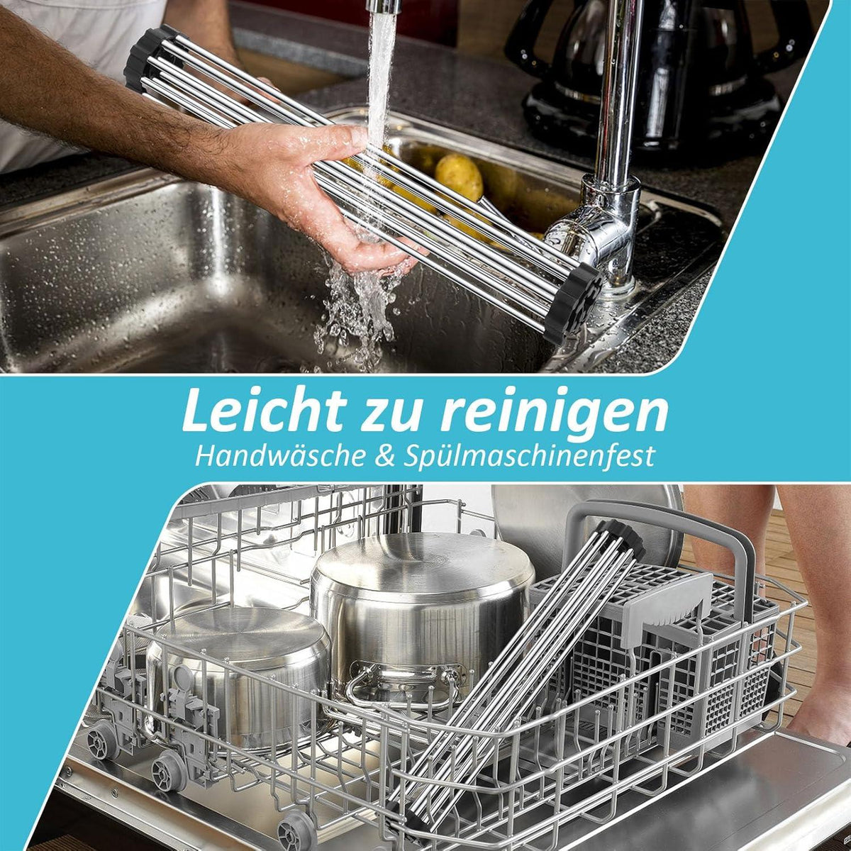 Abtropfgestell Geschirr Edelstahl Aufrollbares Abtropfgitter Schwarz