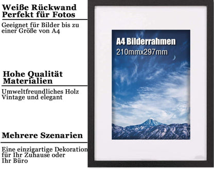 Schwarzer A4 Bilderrahmen aus Massivholz mit Plexiglasfenster