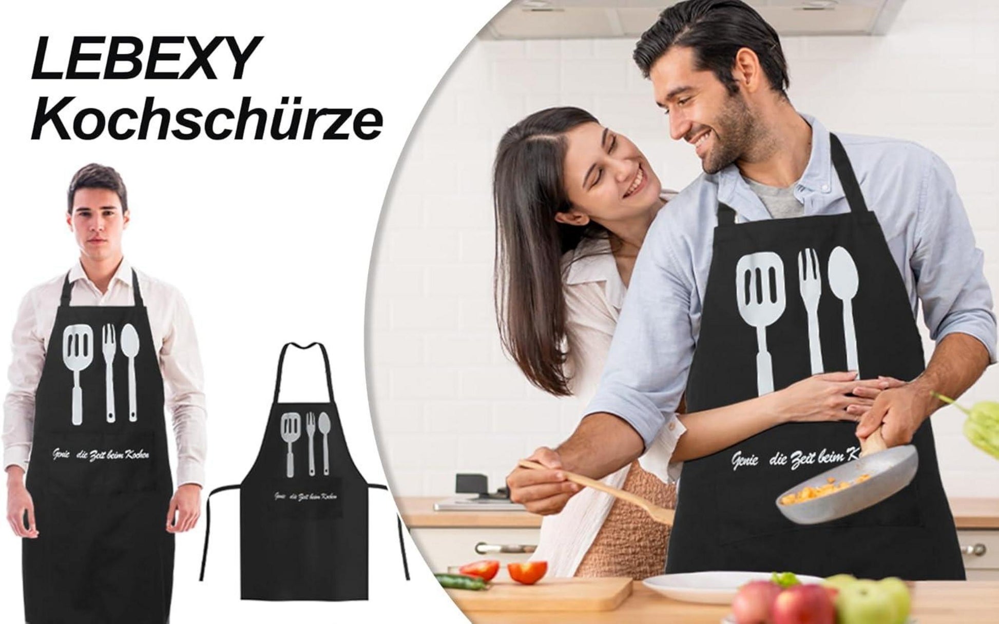 LEBEXY Kochschürze Baumwolle Schwarz Uni Grillschürze 70x85cm Taschen 30°C