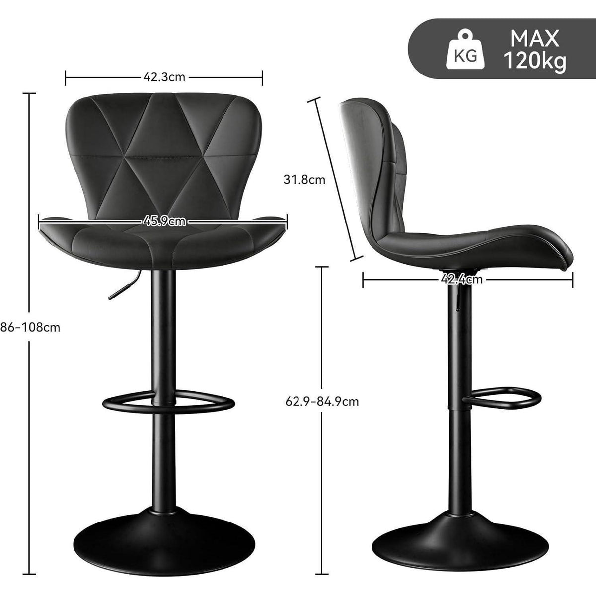 Barhocker 2er Set mit Rückenlehne, Höhenverstellbar, Schwarz