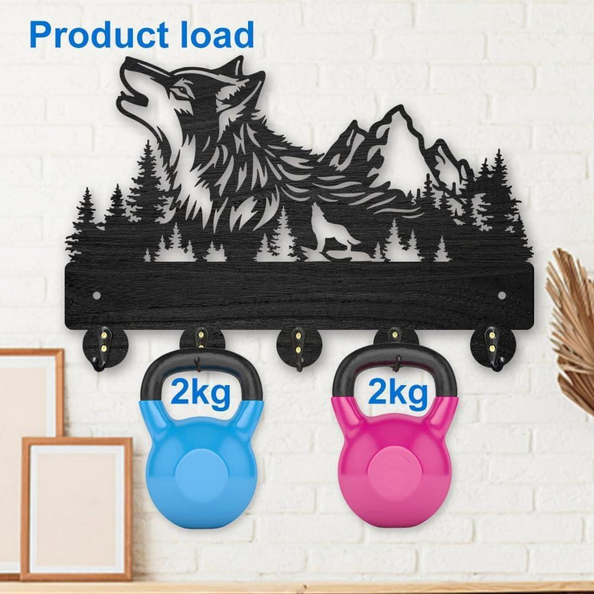 Holz Garderobenständer mit Wolfs Wald Motiv und 5 Haken