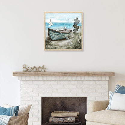 Dazzlewall Küste Leinwand Möwe Nautische Boot Rustikale Blau Ozean Wandbilder 40x40cm