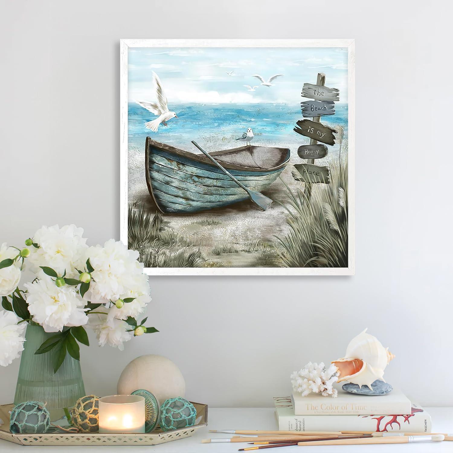 Leinwand Küste Möwe Boot Strand Wandbilder 40x40cm ohne Rahmen