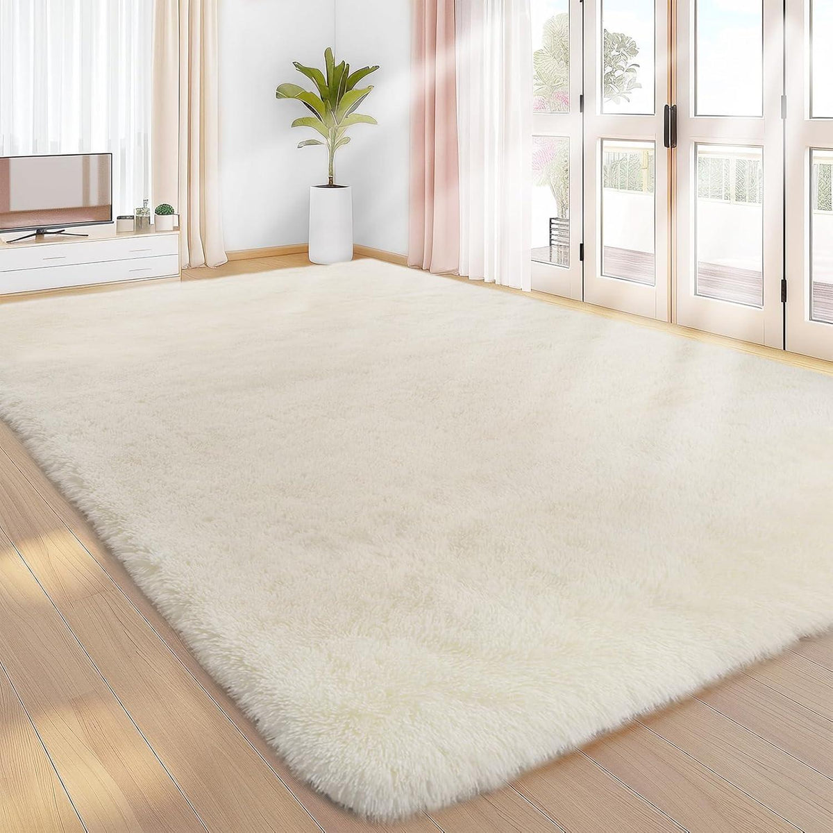 Hochflor Teppich Creme 200x300 Wohnzimmer Kinderzimmer Flauschiger