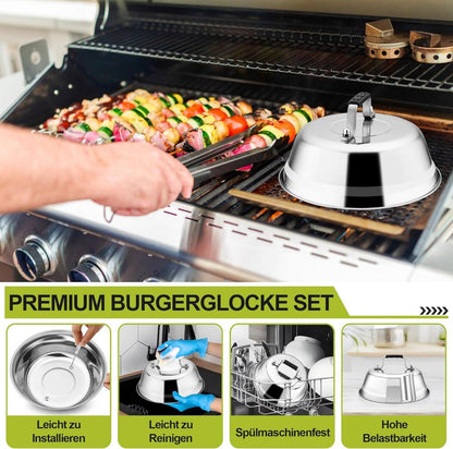 Edelstahl Burgerglocke 4er Set mit Gummigriff für Grill & Steak 16,8 x 6 cm