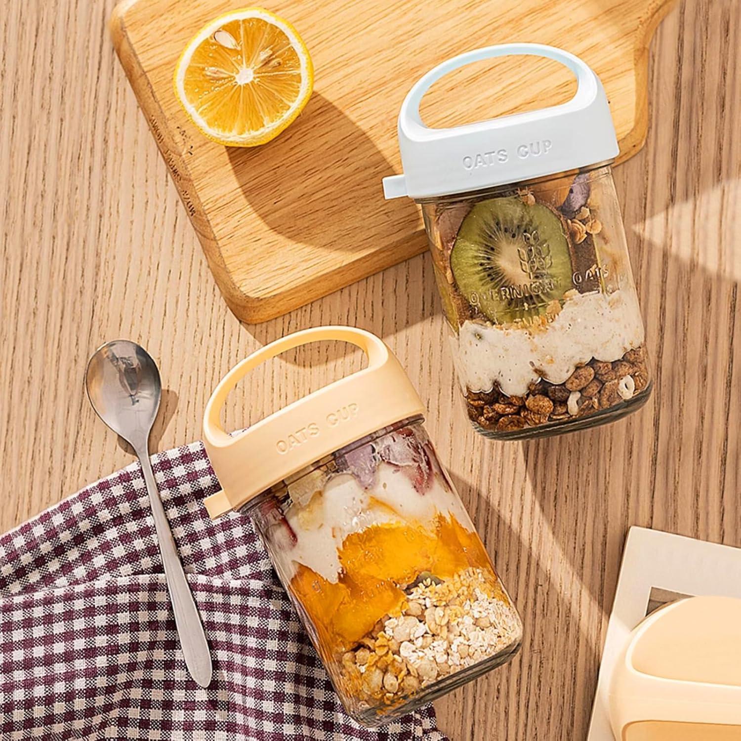 Joghurt to Go Becher 430ml mit Löffel und Deckel, Glasbehälter für Oats Müsli