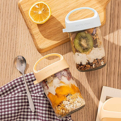 Joghurt to Go Becher 430ml mit Löffel und Deckel, Glasbehälter für Oats Müsli