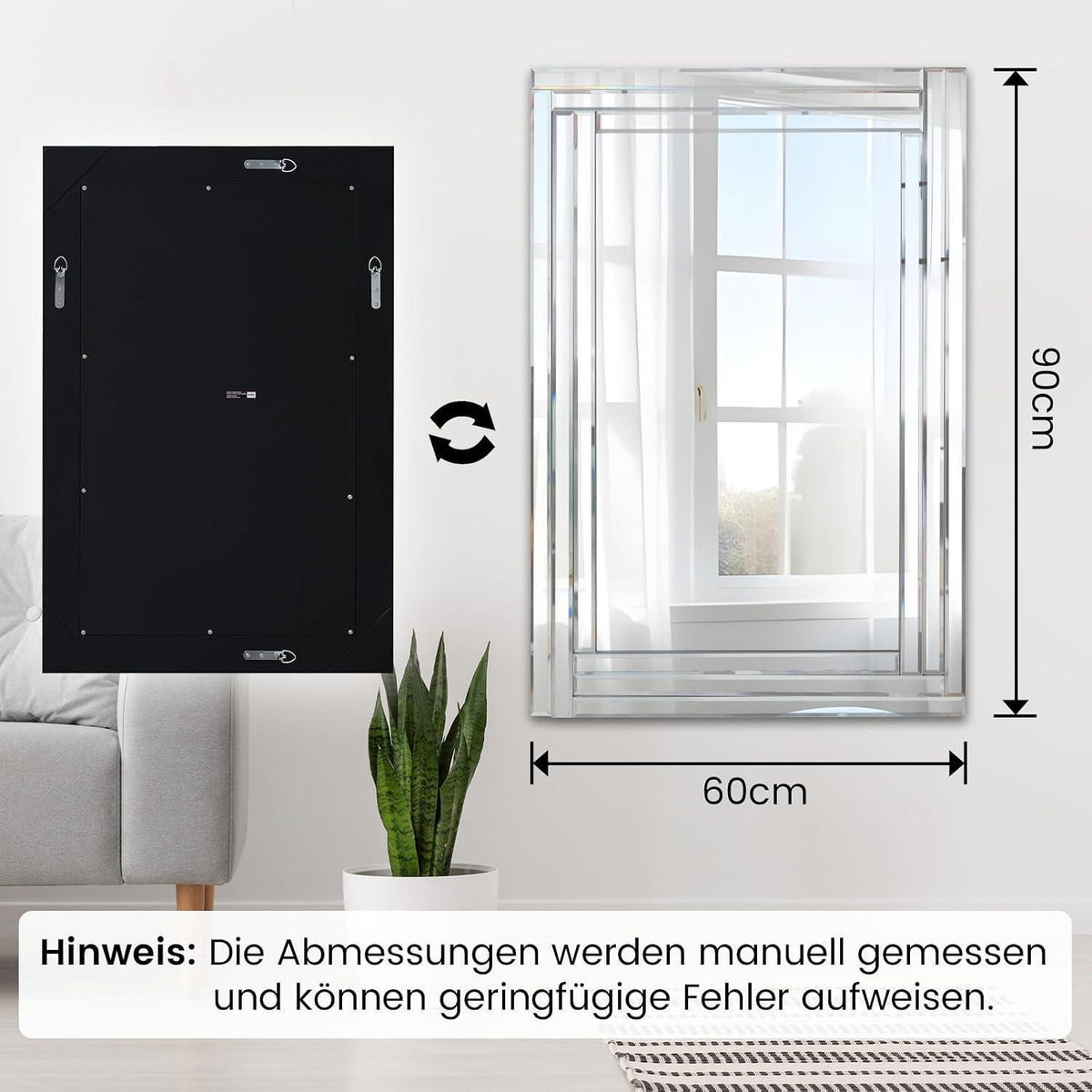 Rahmenloser Wandspiegel 90x60cm – Rechteckiger Deko Spiegel für Wohnzimmer