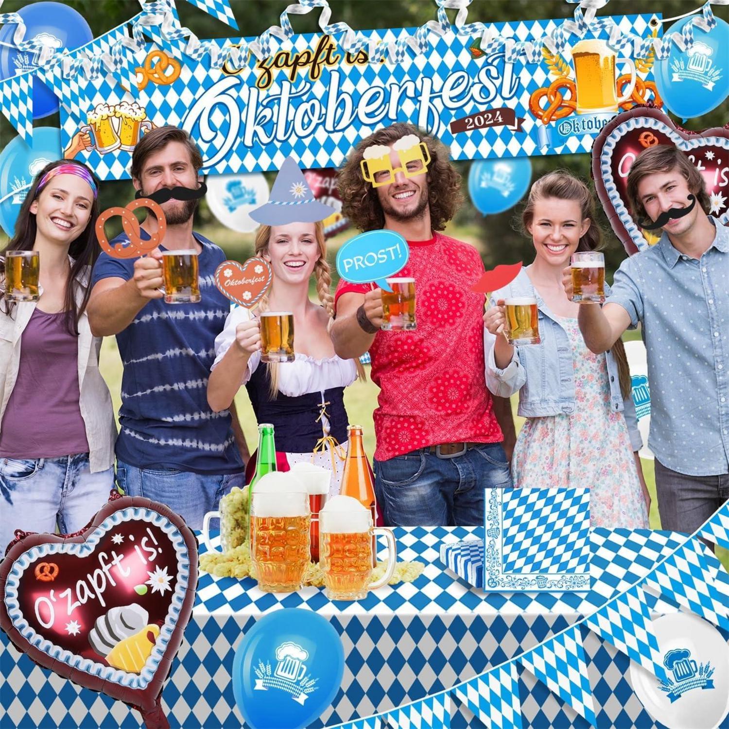 Oktoberfest Deko Set: Banner, Wimpelkette, Tischdecke, Servietten, Ballons, Foto Requisiten - Bayrische Partydeko