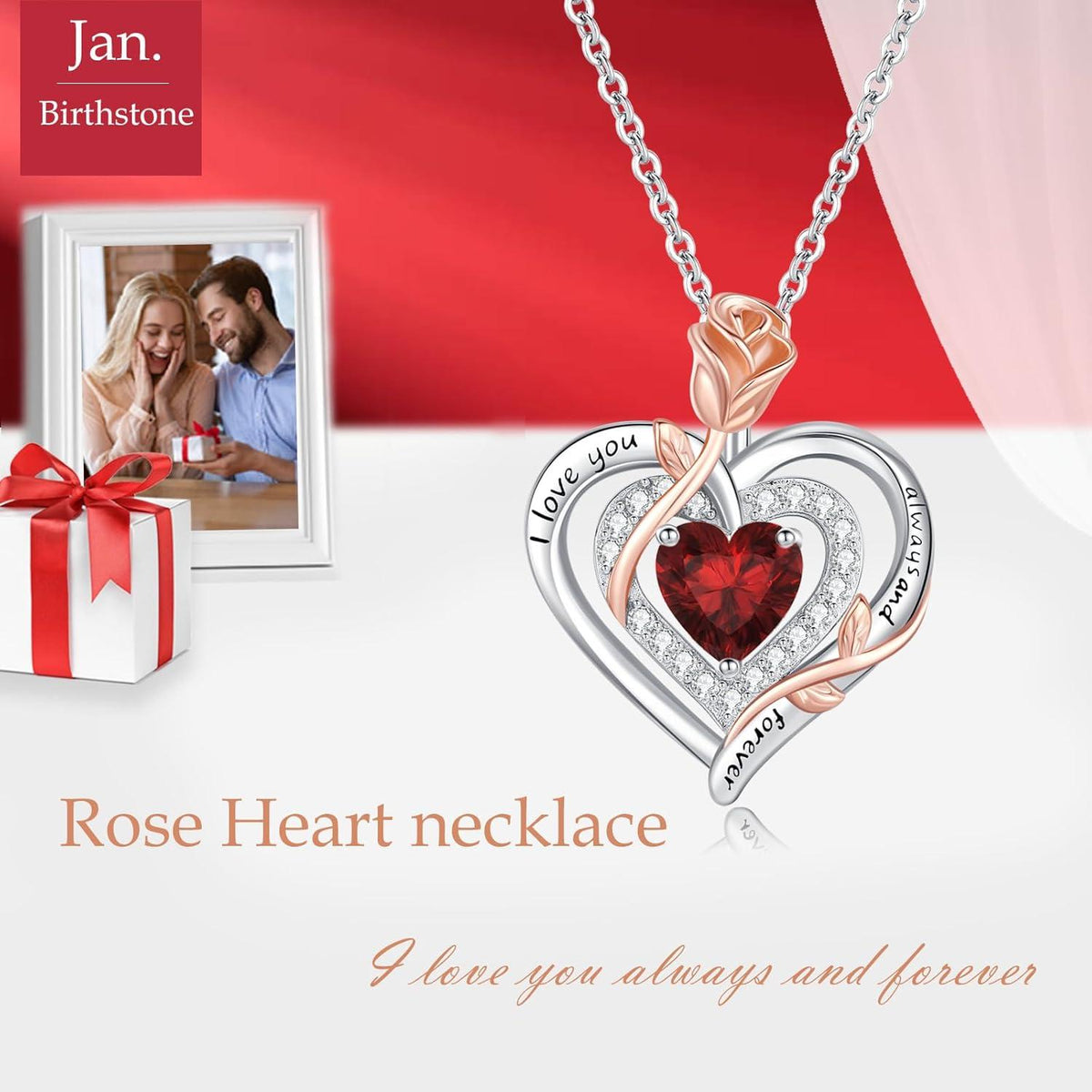 925 Silber Halskette Rose Herz Geburtsstein Weihnachten