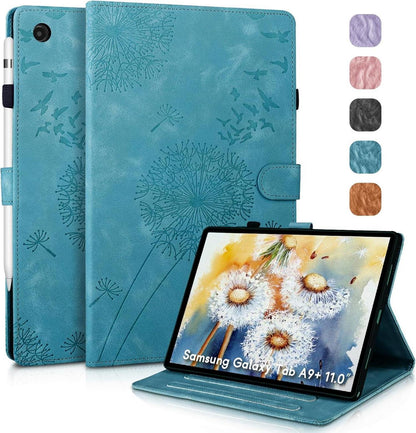 Galaxy Tab A9+ Hülle PU Leder Standfunktion Löwenzahn Design Blau