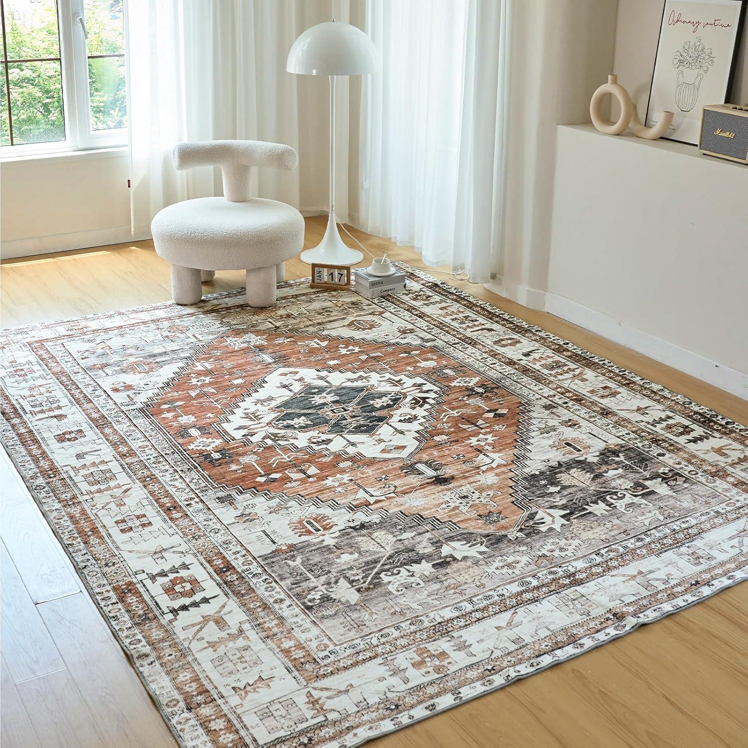 OMERAI Orientalischer Teppich Kurzflor 200x290cm Orange Waschbar