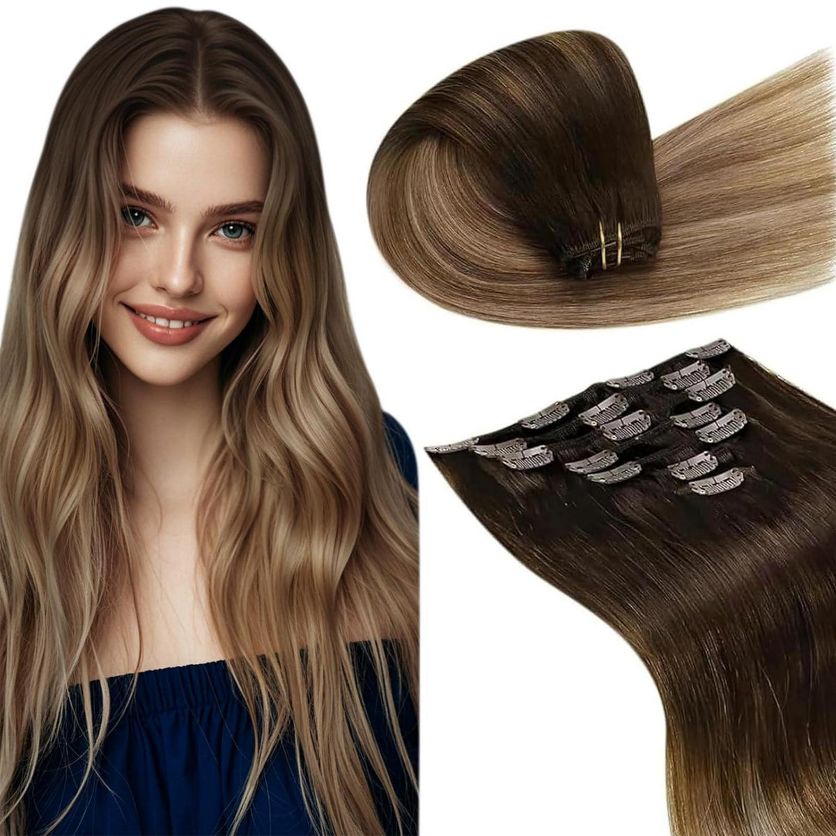 Echthaar Clip-in Extensions Balayage Ombre Mittelbraun Aschblond 45cm