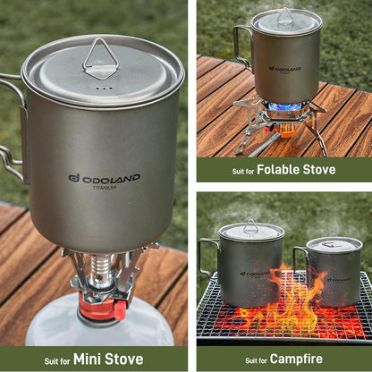 Odoland Titanium Camping Geschirrset mit Topf, Tasse, Gabel und Spork