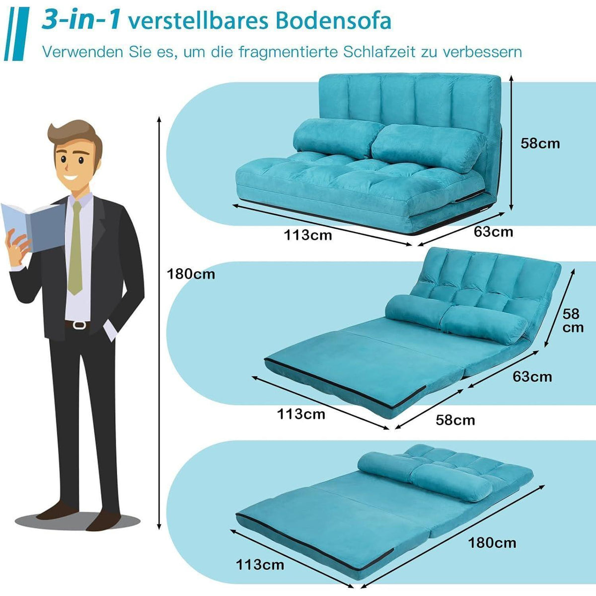 2-Sitzer Bodensofa mit Schlaffunktion und Kissen