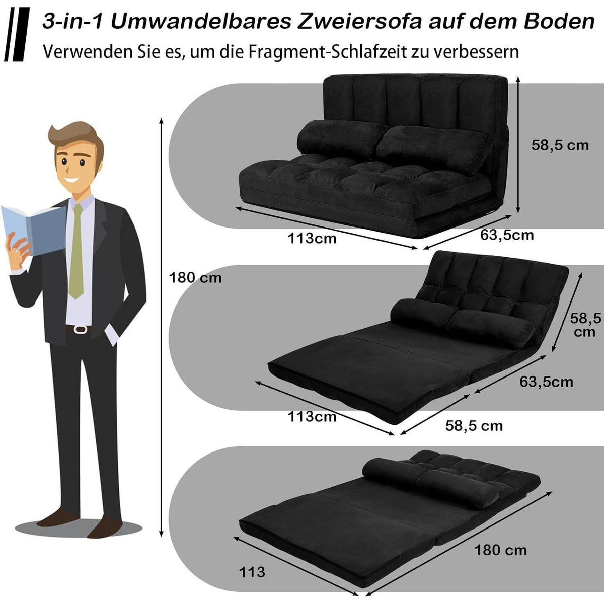 2-Sitzer Bodensofa mit Schlaffunktion – Verstellbares Liege Sofa Schwarz