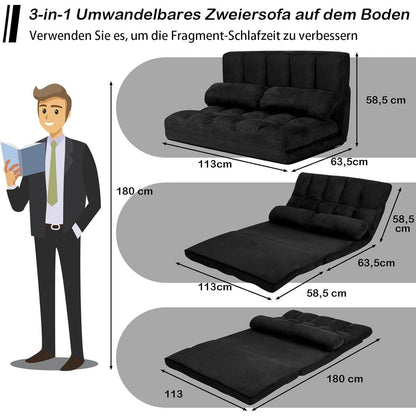 2-Sitzer Bodensofa mit Schlaffunktion – Verstellbares Liege Sofa Schwarz