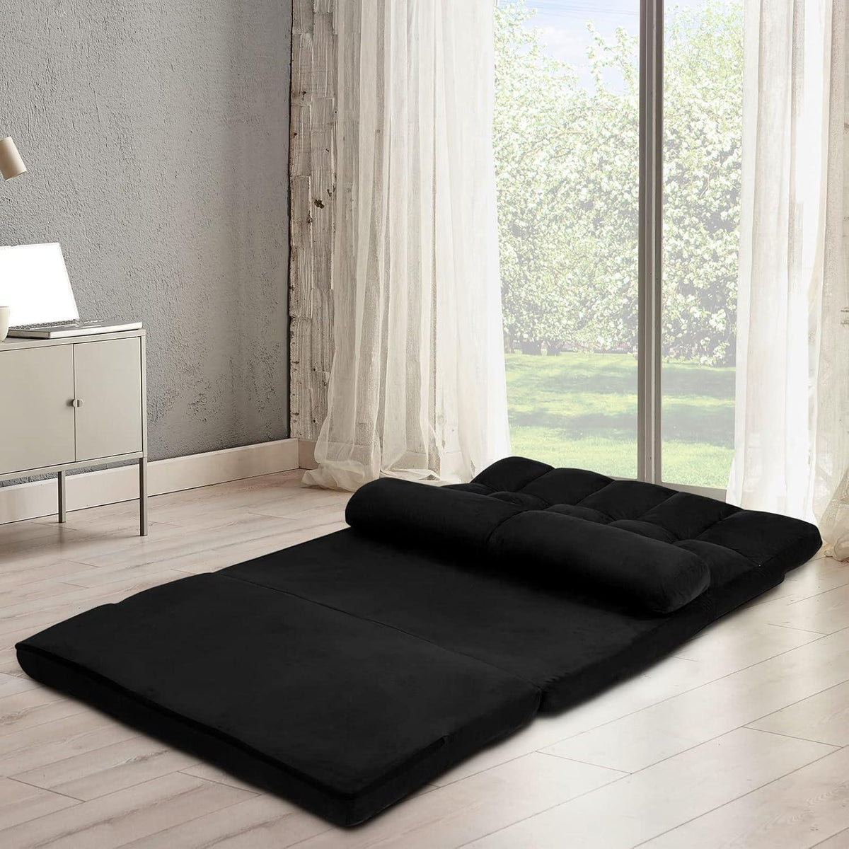 2-Sitzer Bodensofa mit Schlaffunktion – Verstellbares Liege Sofa Schwarz