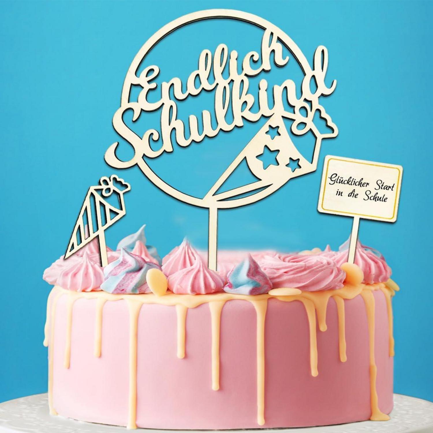 4er Set Einschulung Holz Tortendeko ABC Schultüte Kuchendeko 2024 Mädchen Junge