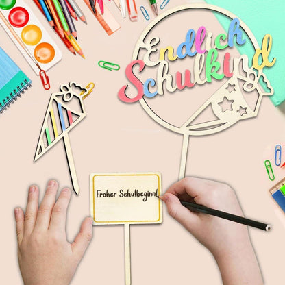 Einschulung Tortendeko 4 Stk Holz Schultüte ABC Schulanfang Mädchen Junge