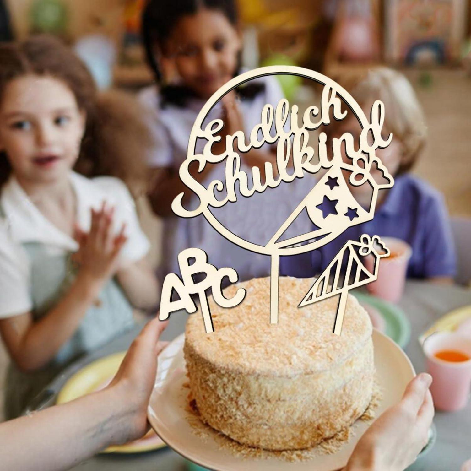 Einschulung Tortendeko 4 Stk Holz Schultüte ABC Schulanfang Mädchen Junge