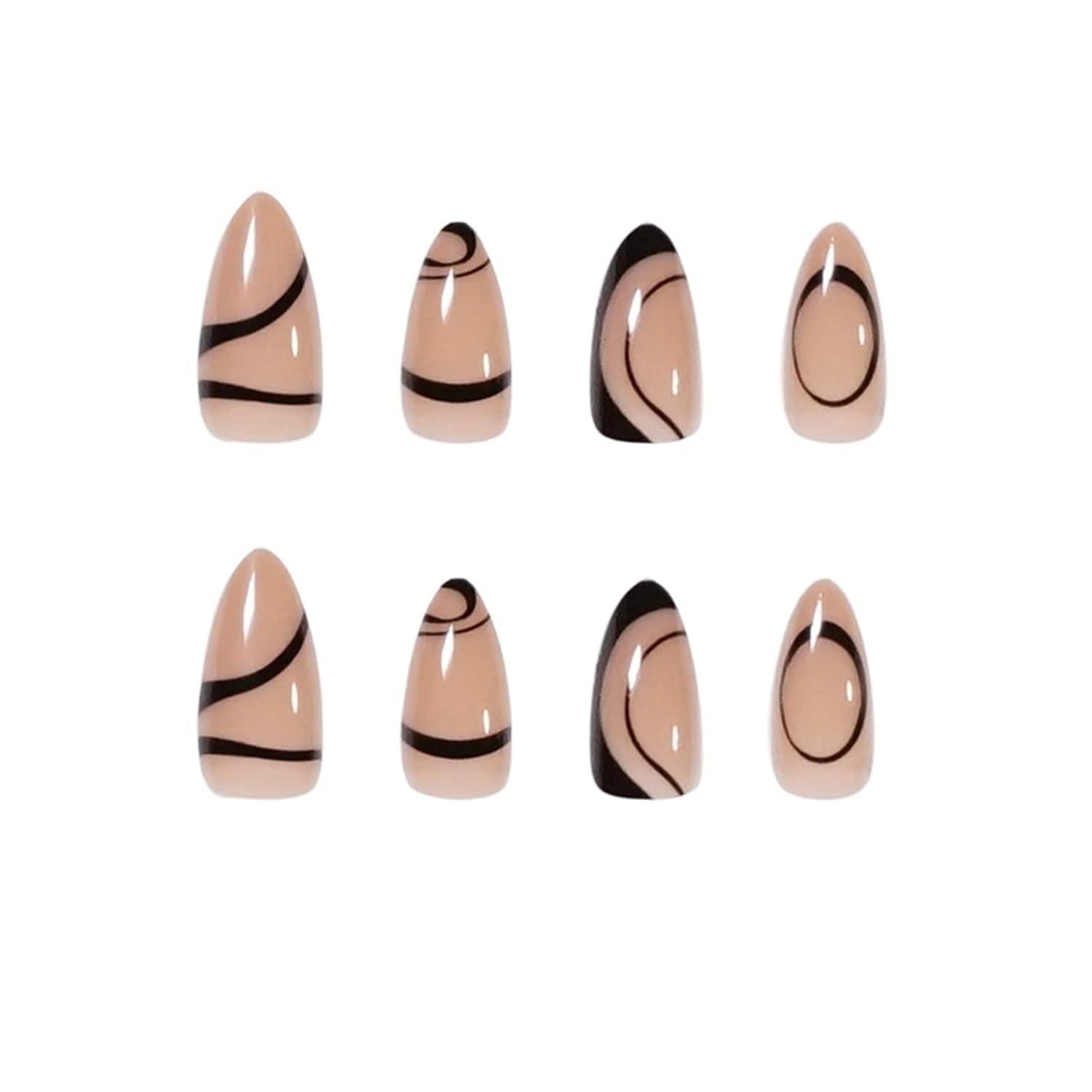 24 Stück Gestreifte Kurze Schwarz Oval Nägel Set