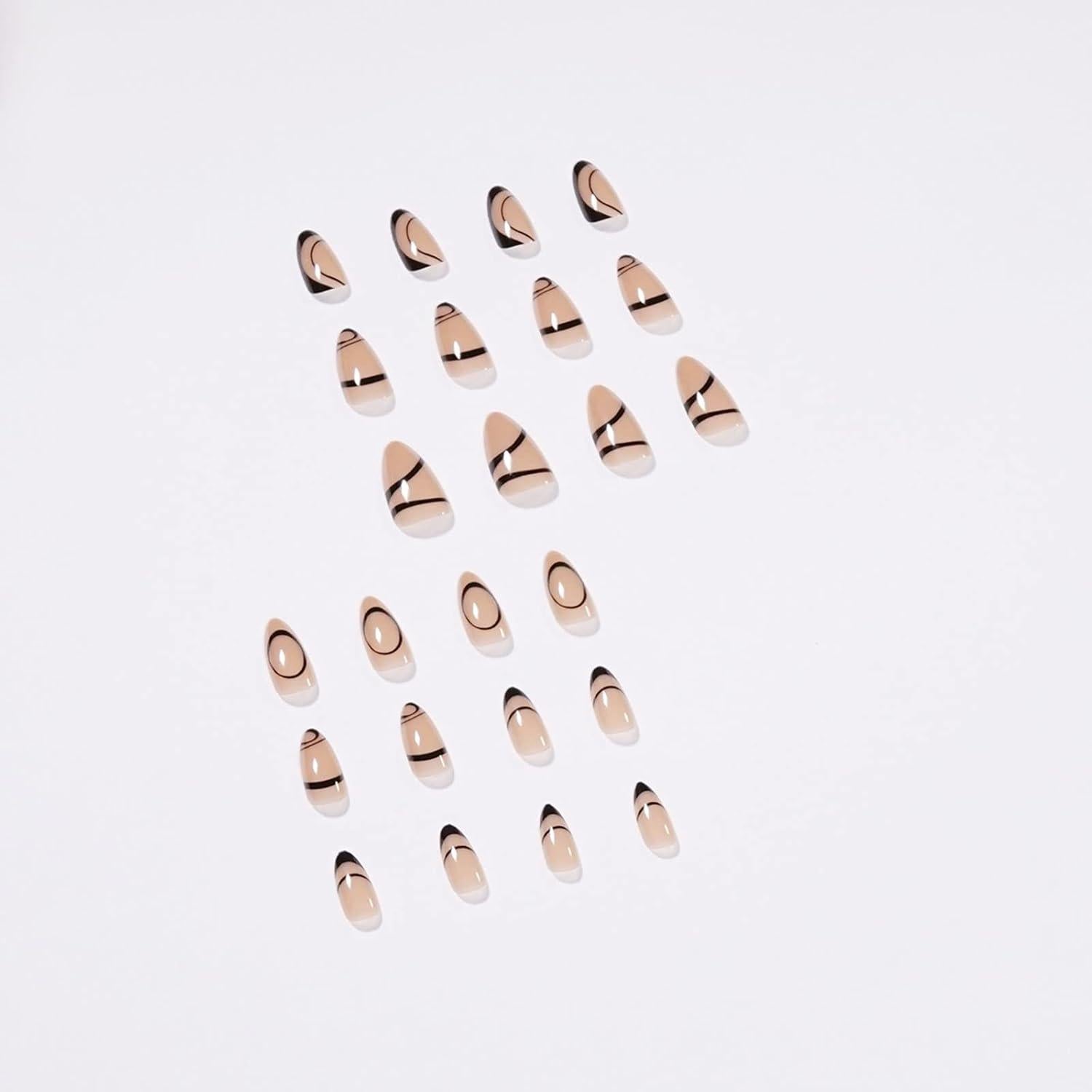 24 Stück Gestreifte Mandel Nägel Schwarz Oval Künstliche Nails, French Design