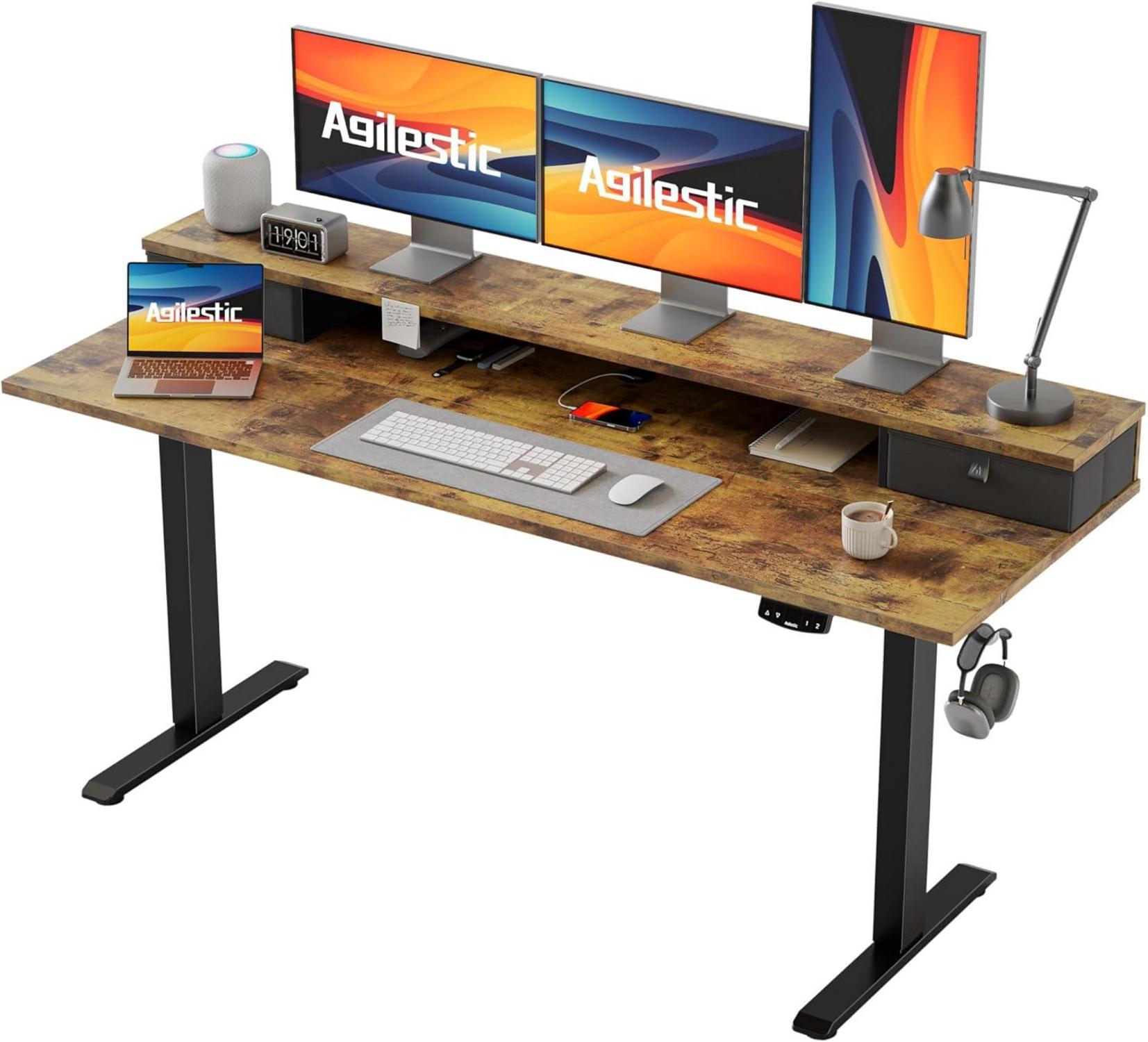 Höhenverstellbarer Schreibtisch 160x60 cm mit 2 Schubladen Braun