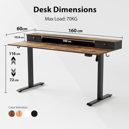 Höhenverstellbarer Schreibtisch 160x60 cm mit 2 Schubladen Braun