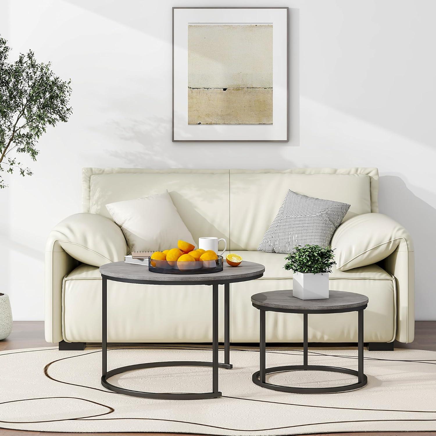Runder Couchtisch Set 2 Tische Holz Metallrahmen Grau