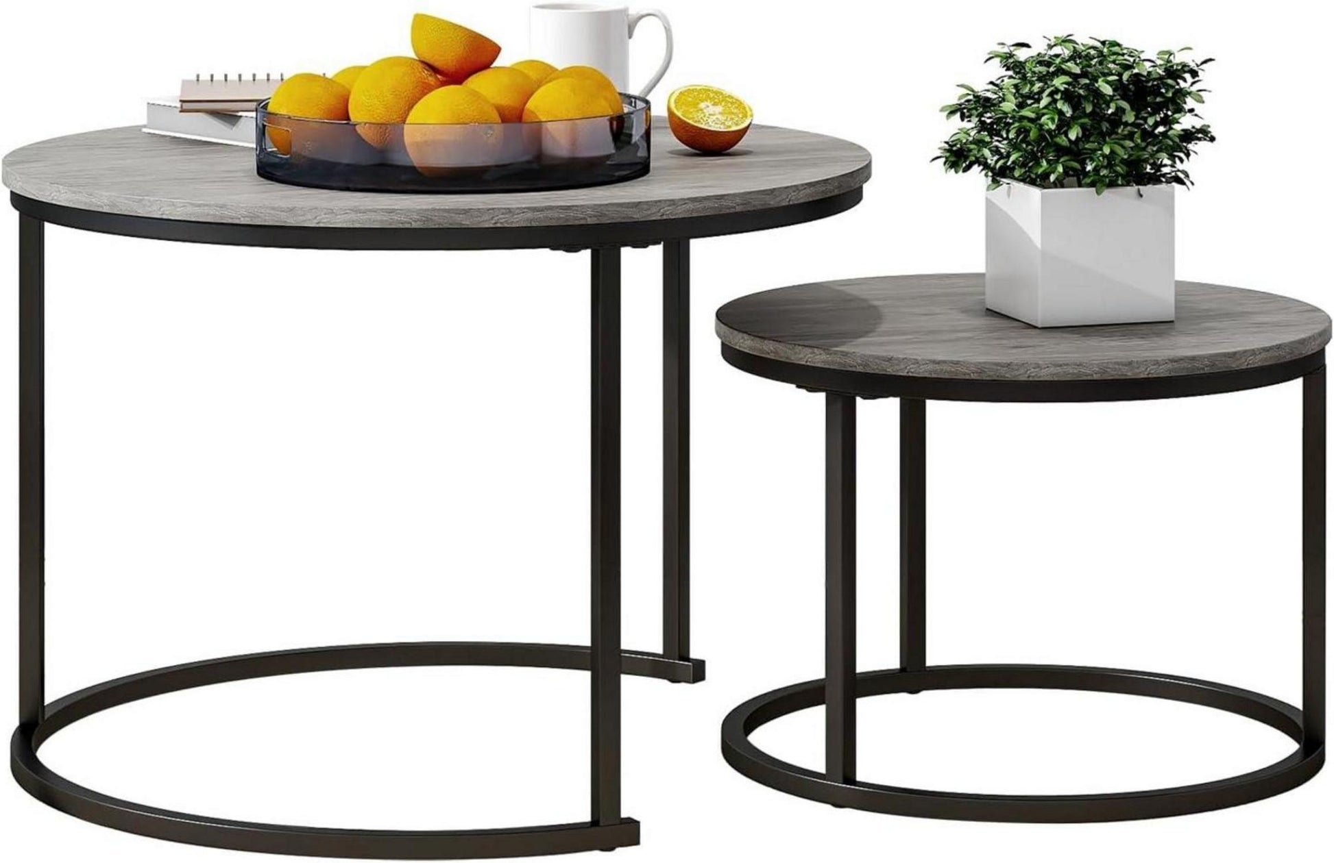 HOJINLINERO 2er-Set Runde Couchtische Holz Metallrahmen Wohnzimmer grau
