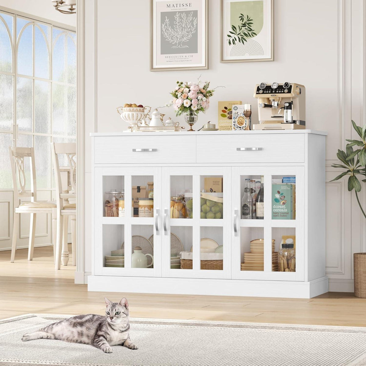 120cm Sideboard mit Glastüren & Schubladen – Weißes Küchenbuffet