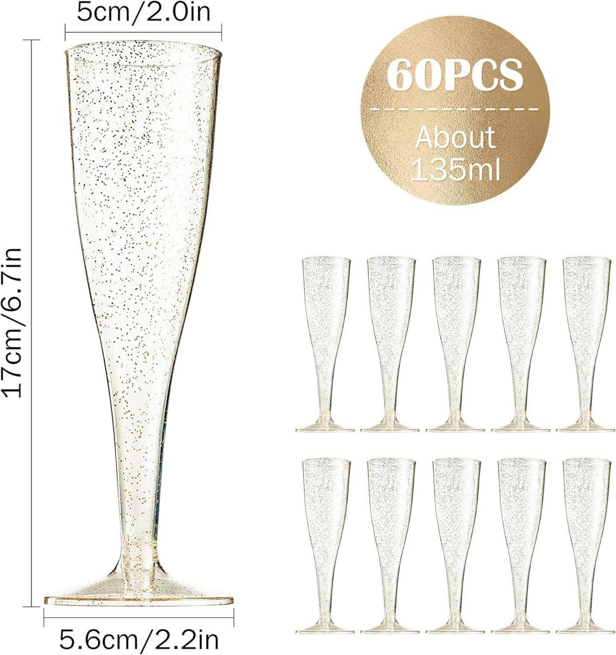 Sektgläser Plastik Goldglitter 60 Stück Champagner Kunststoff
